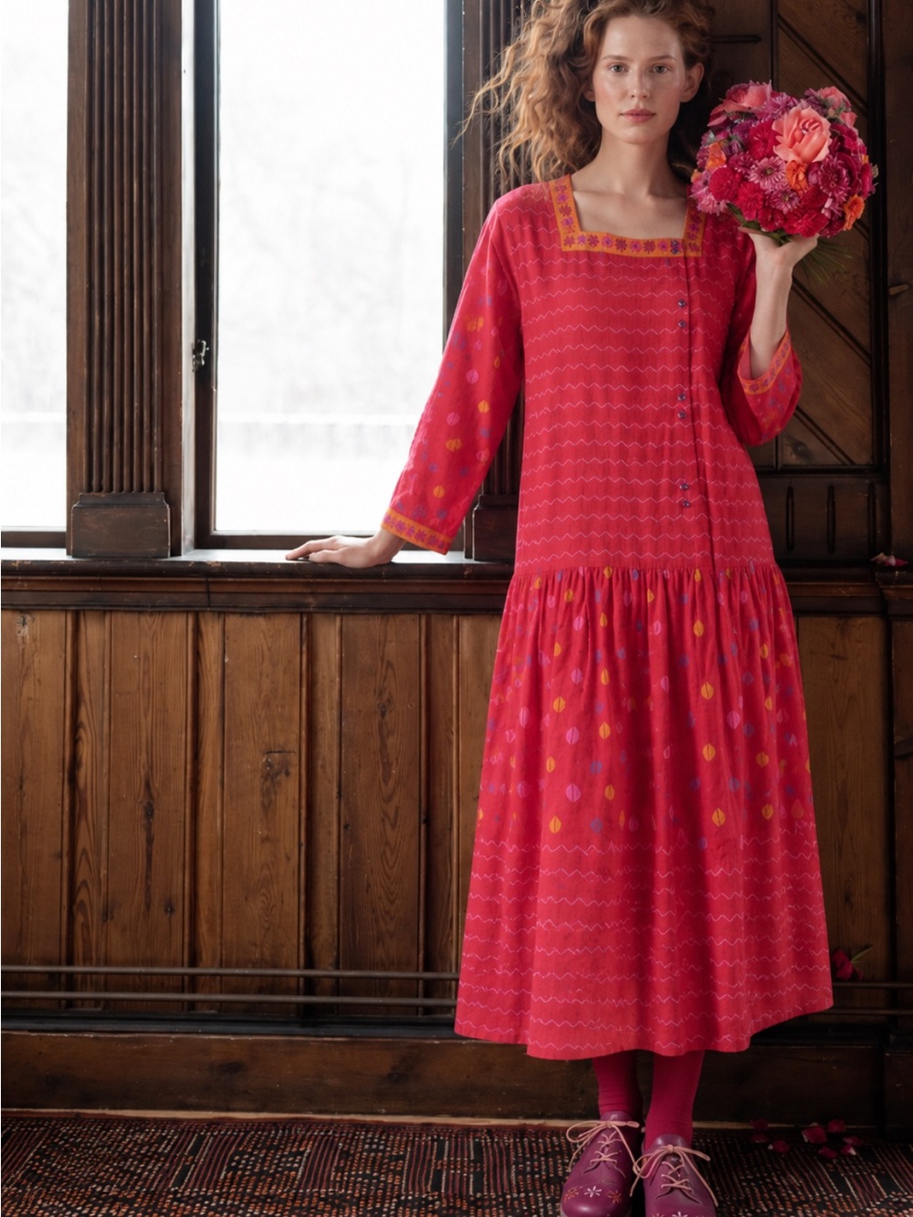 Gudrun Sjödén Folkloric Boho Drop Waist Midi Dress in Lipstick Red ~Size L